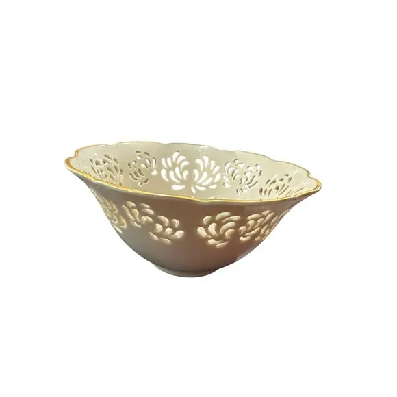 Lenox Vintage Porcelain Bowl Gold Trim Cutout Design Decorative Piece SKU 7953 - Picture 3 of 4